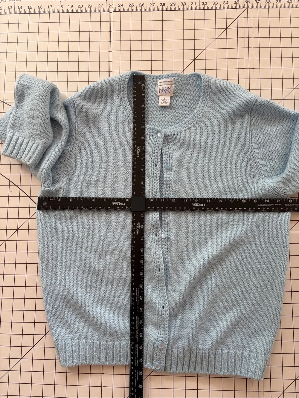 Vintage 90s Leon Levin Hand Loomed Round Neck Light Blue Cardigan - Size L